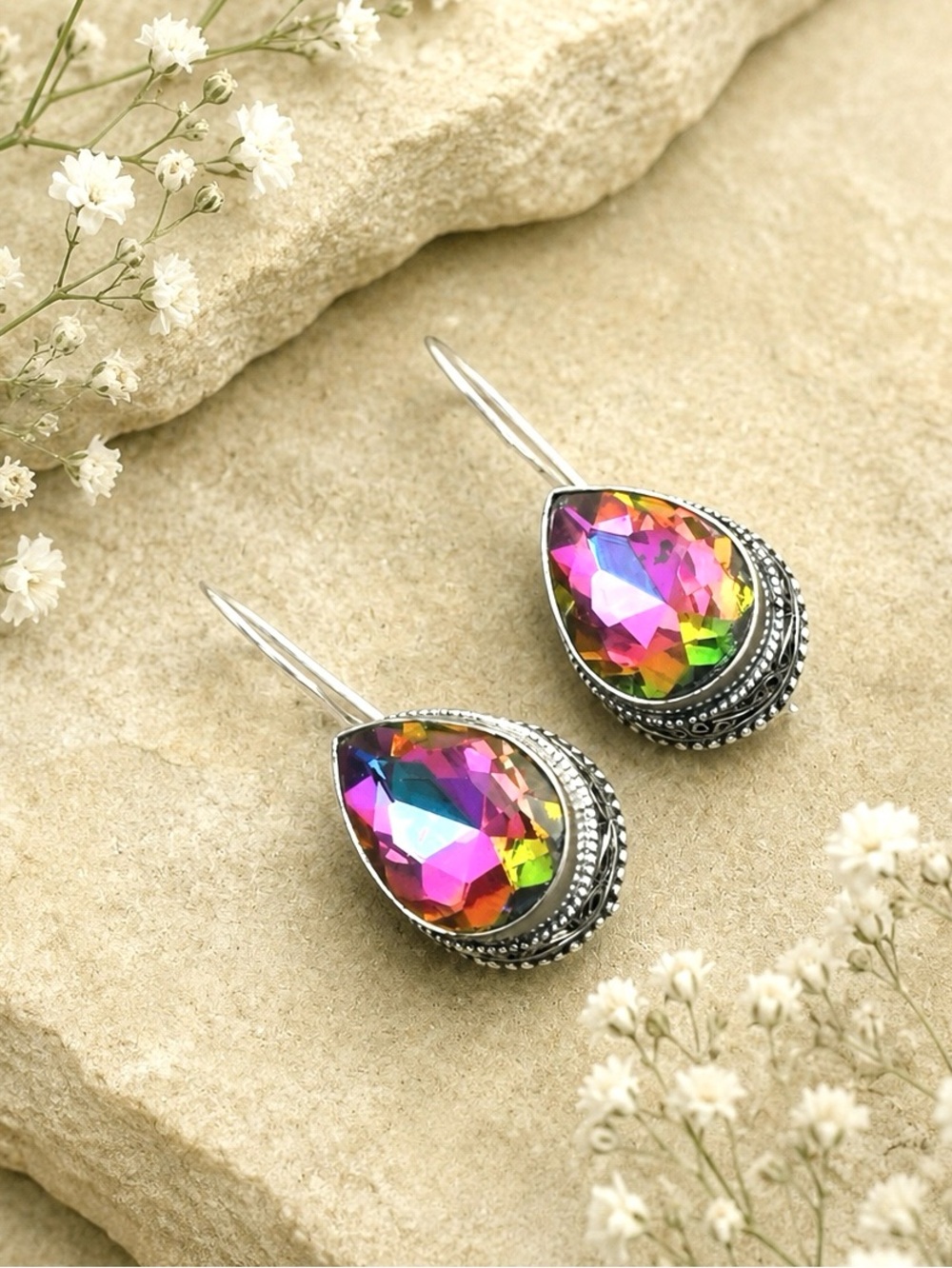 Rainbow Fire Mystic Topaz 925 Silver 1.5” Earrings